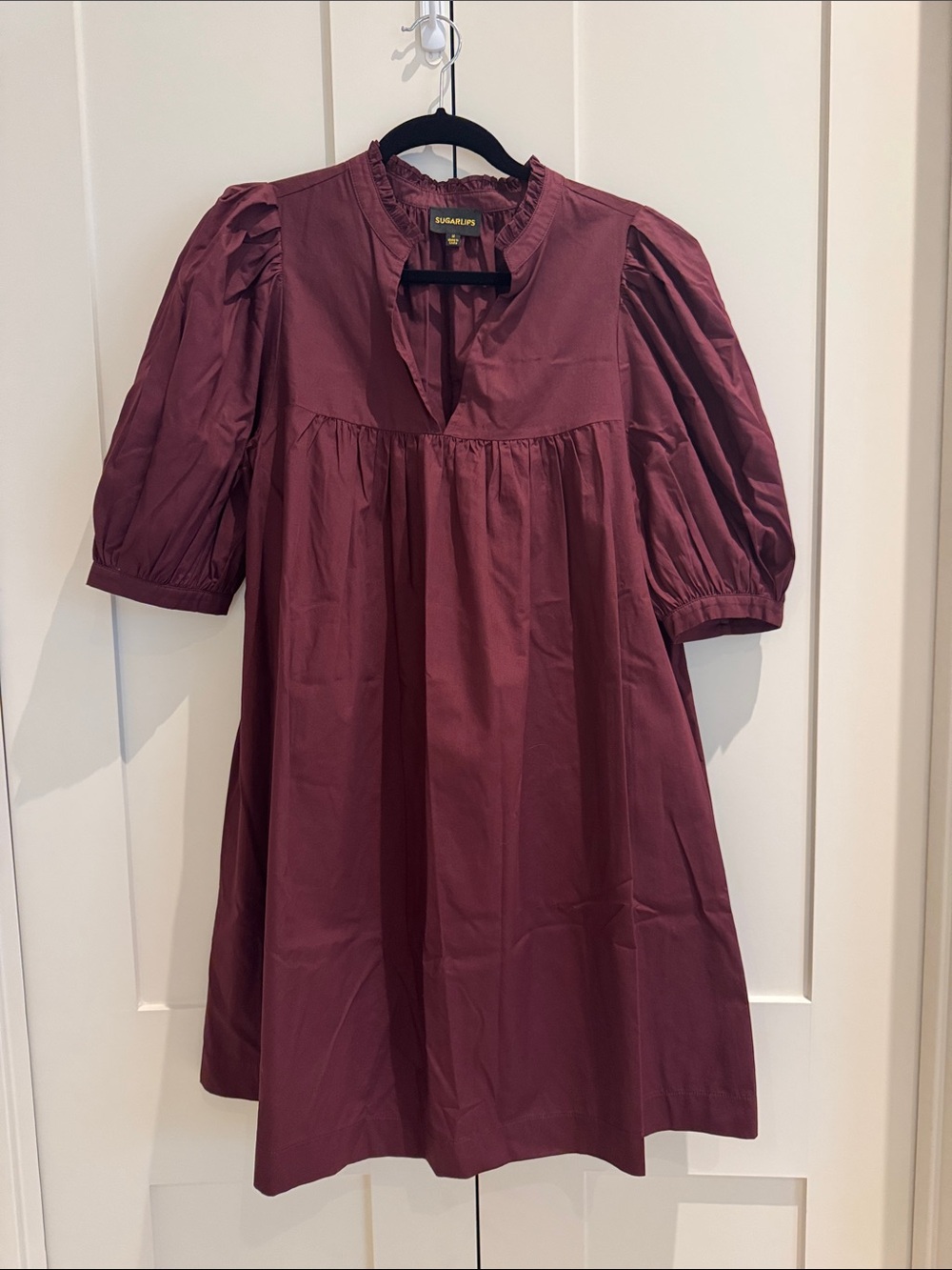 Sugarlips Puff Sleeve Dress with pockets in Wine